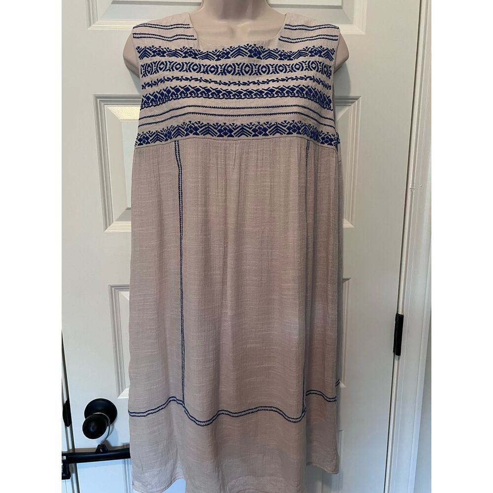 THML Women's Cream & Blue Embroidered Dress, Size M